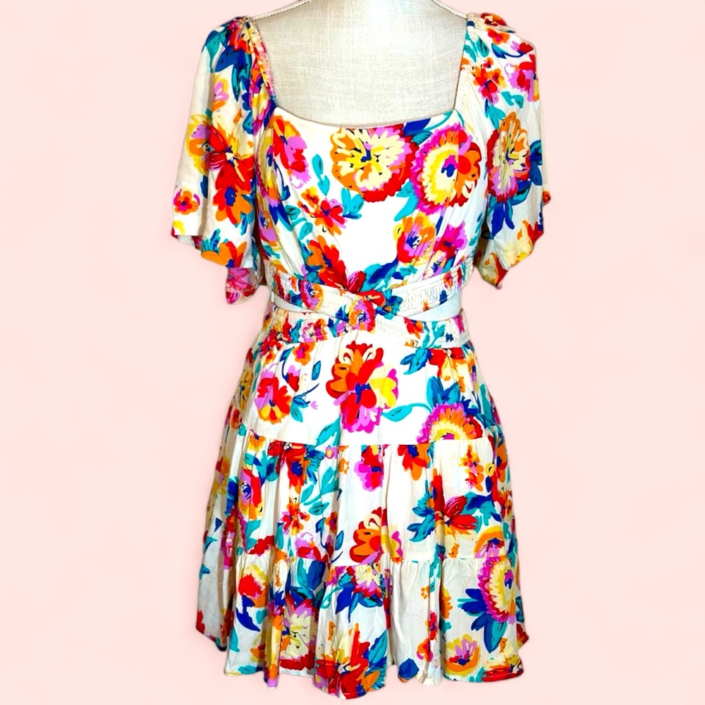 BaeVely size Sm vibrant floral mini dress cropped puffed shirt ruffle skirt NWOT